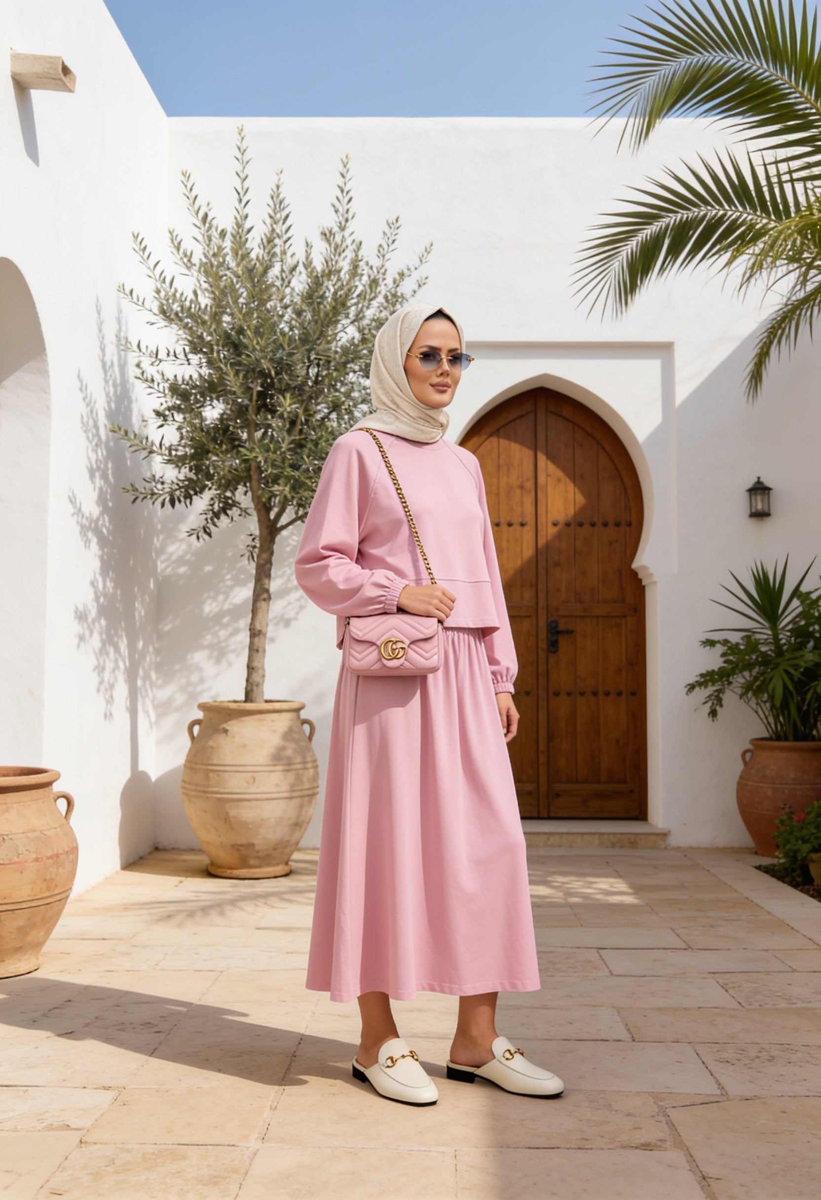 Mihra  Modal Kumaş Oversize Etekli Takım – Pembe