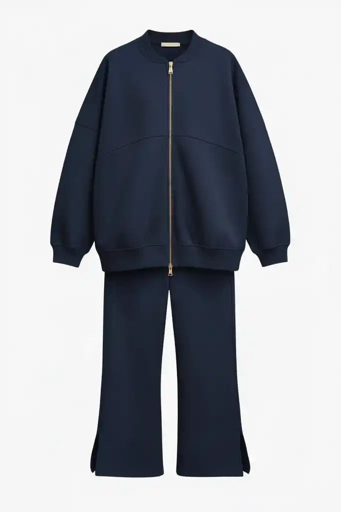 3 Thread Plush Bomber Two-Piece Modest Set | Cotton Comfortable Set Navy Blue