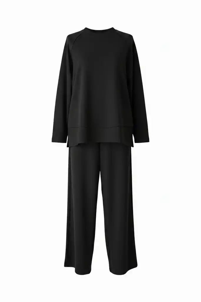 Aluna Modal Pantolonlu Takım |  Oversize Rahat Kalıp-Siyah