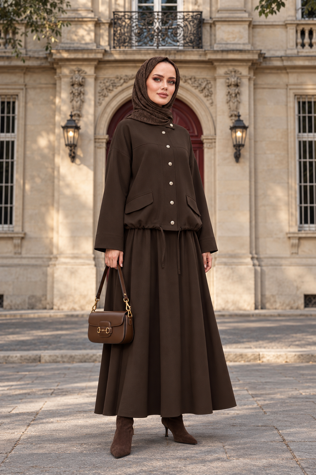 Button-Down Gold Tencel Set - Modest Skirt Set - Light Brown