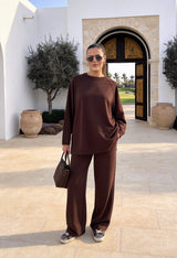 Aluna Modal Pantolonlu Takım |  Oversize Rahat Kalıp-Acıkahve