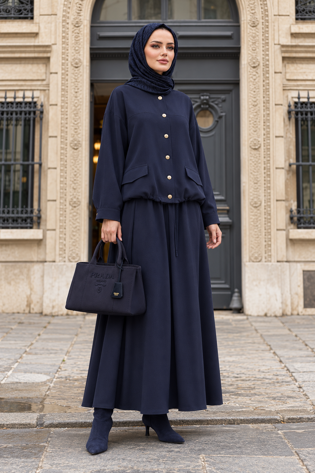 Buttoned Gold Tencel Set - Modest Skirt Suit - Navy Blue