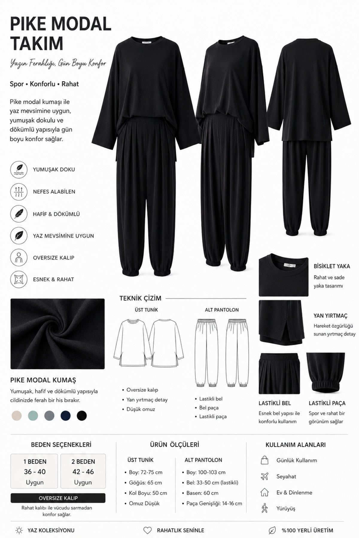 Pike Modal Şalvar Pantolon Model Oversize Takım – Siyah