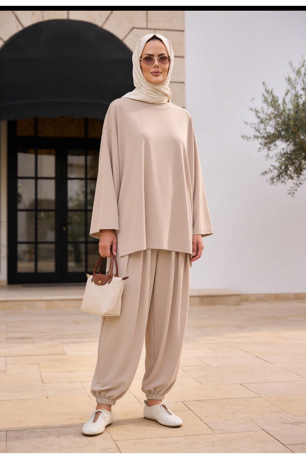 Pike Modal Şalvar Pantolon Model Oversize Takım – Bej