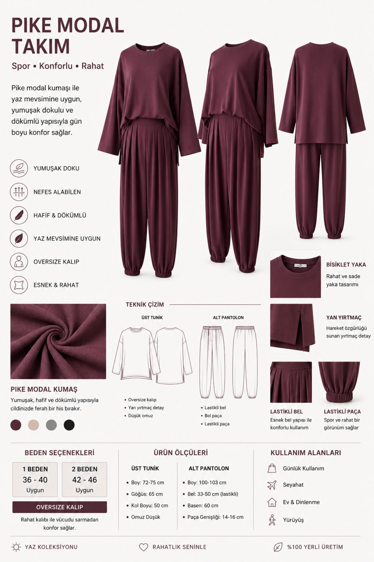 Pike Modal Şalvar Pantolon Model Oversize Takım – Mürdüm