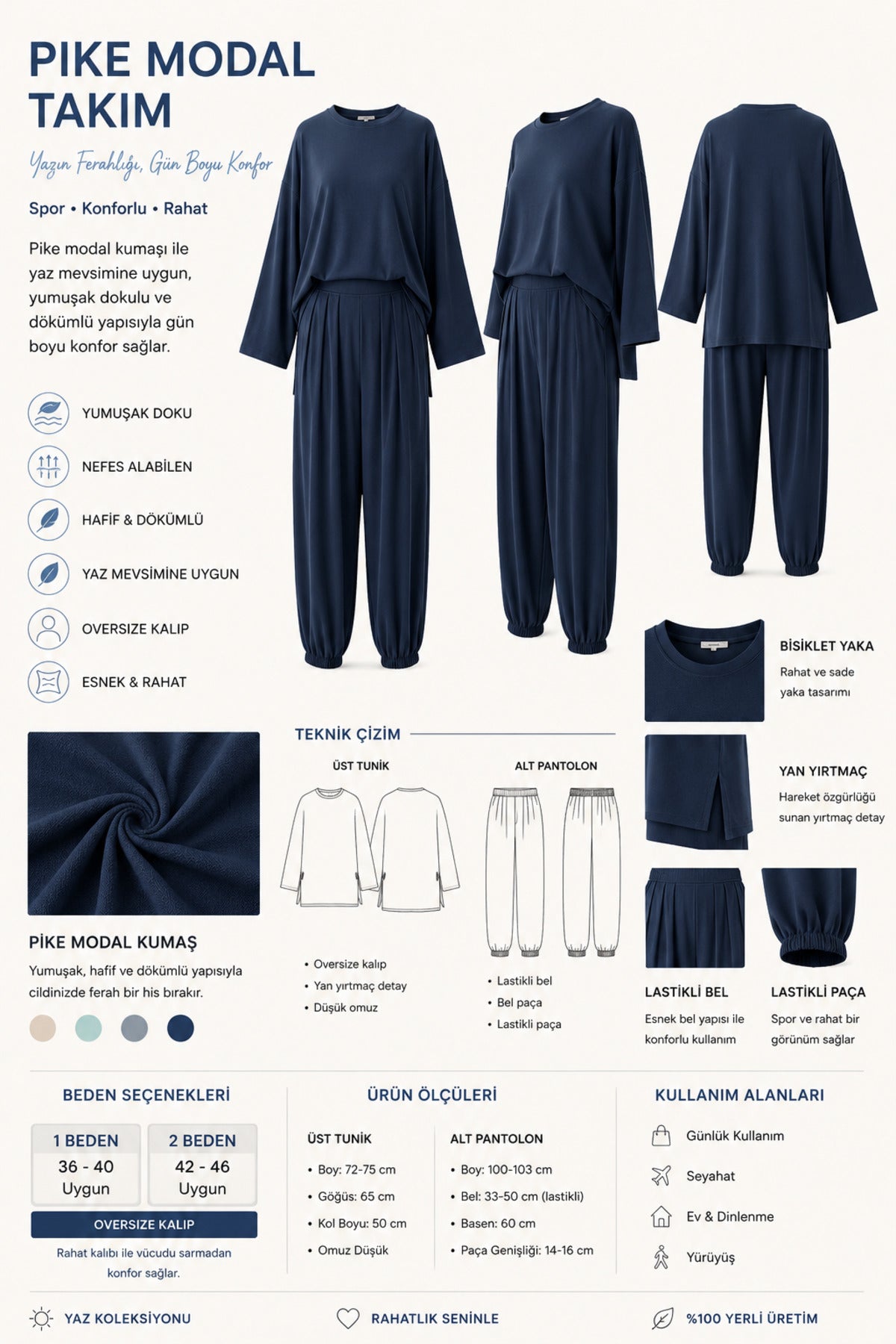 Pike Modal Şalvar Pantolon Model Oversize Takım – Lacivert