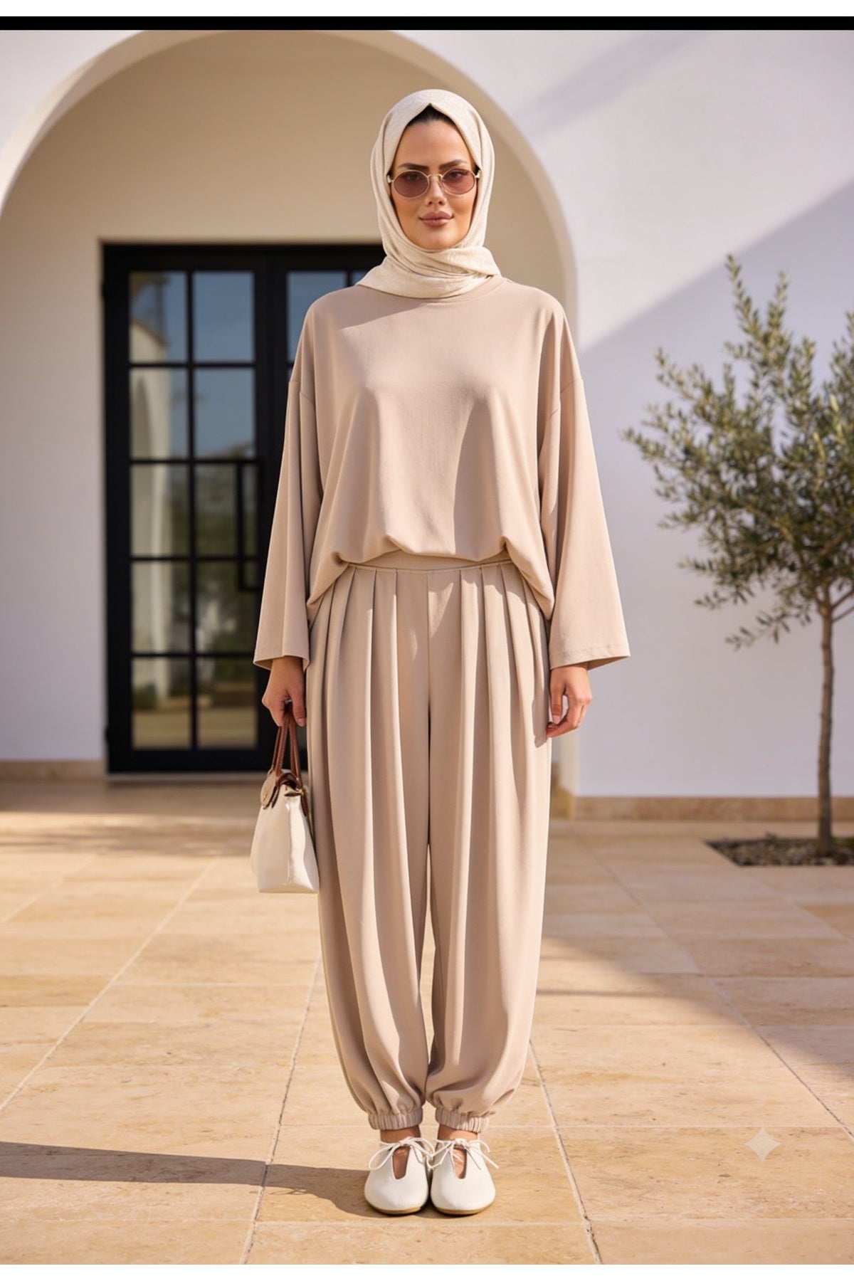 Pike Modal Şalvar Pantolon Model Oversize Takım – Bej