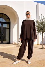 Pike Modal Şalvar Pantolon Model Oversize Takım – Kahverengi