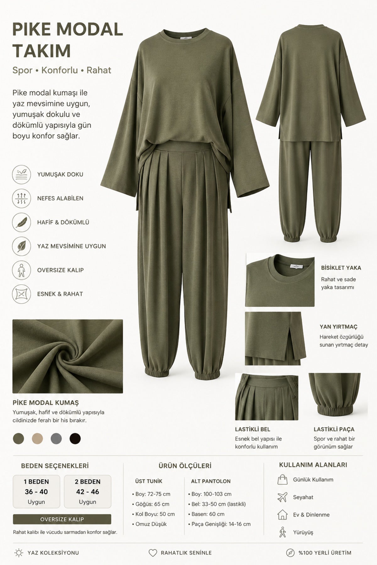 Pike Modal Şalvar Pantolon Model Oversize Takım – Yeşil