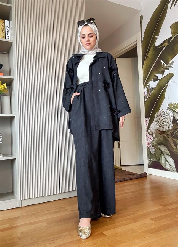 Keten Taş ve Dantel  Detaylı Gömlek Takım Siyah
