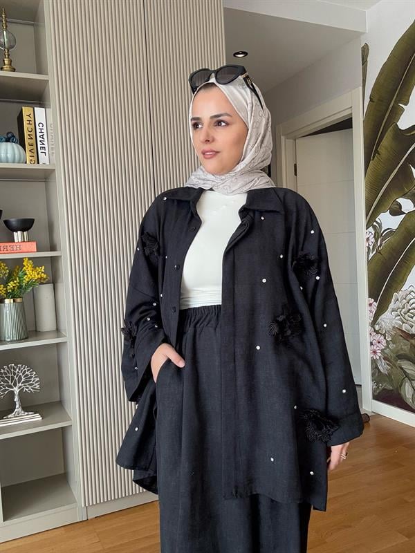 Keten Taş ve Dantel  Detaylı Gömlek Takım Siyah