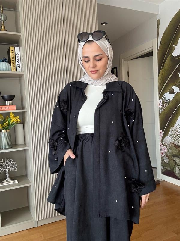 Keten Taş ve Dantel  Detaylı Gömlek Takım Siyah