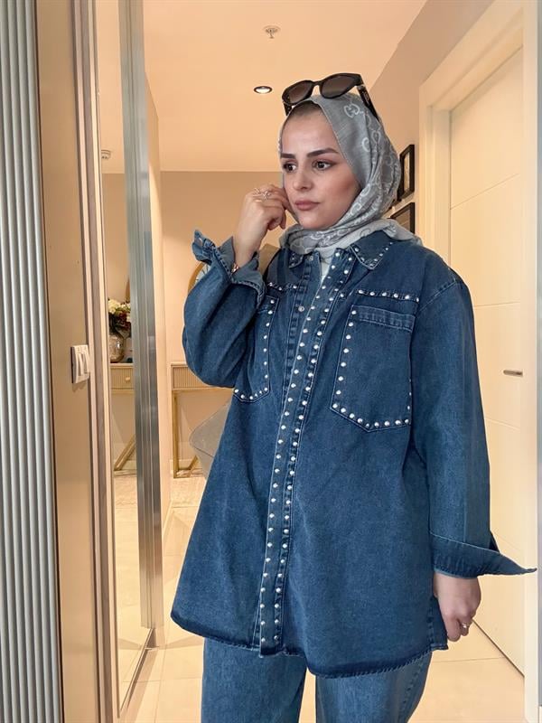 Zımba Detaylı Denim Gömlek İkili Takım Koyu Mavi