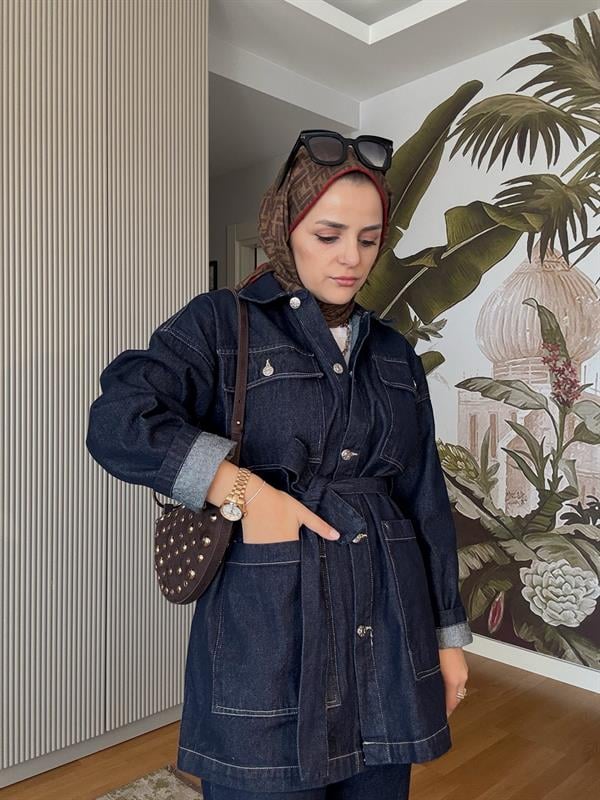 Denim Kuşaklı Ceket Takım Koyu Mavi