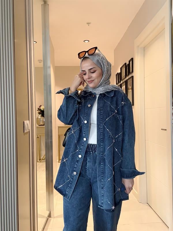 Baklava Taş Detaylı Denim Gömlek İkili Takım Koyu Mavi