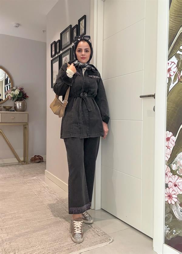 Kemerli Taş Detaylı  Denim Gömlek İkili Takım  Siyah