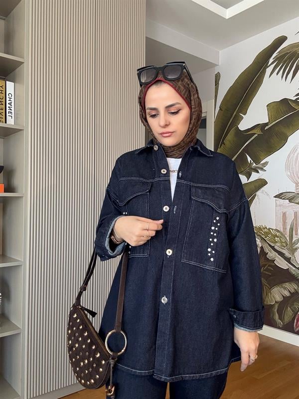 Denim Cepli Taşlı Ceket Takım Koyu Mavi
