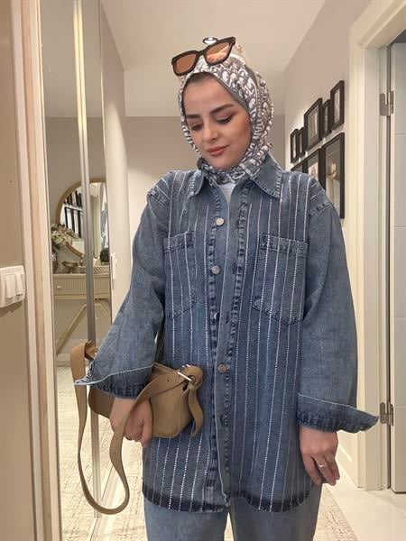 Taş Detaylı  Denim Gömlek İkili Takım Açık Mavi