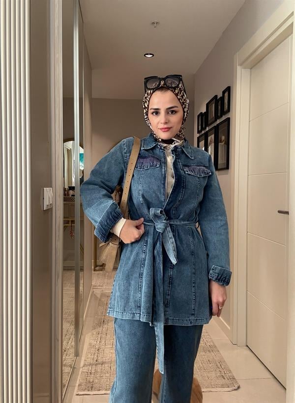 Kemerli Taş Detaylı  Denim Gömlek İkili Takım Koyu Mavi