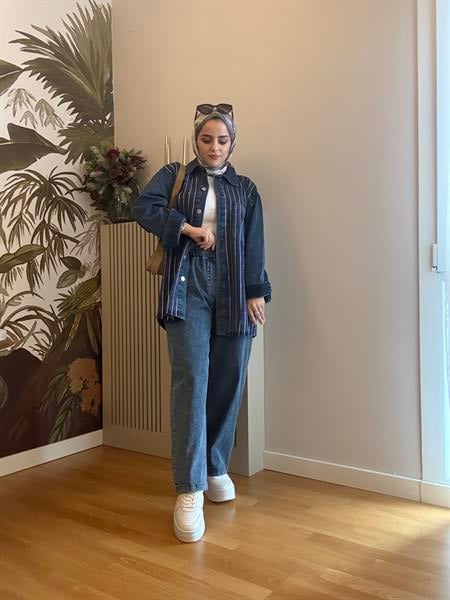 Taş Detaylı  Denim Gömlek İkili Takım Koyu Mavi