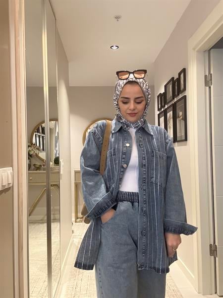 Taş Detaylı  Denim Gömlek İkili Takım Açık Mavi