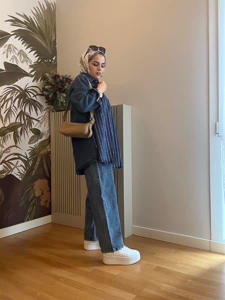 Taş Detaylı  Denim Gömlek İkili Takım Koyu Mavi
