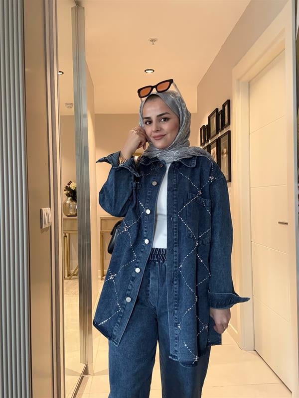 Baklava Taş Detaylı Denim Gömlek İkili Takım Koyu Mavi