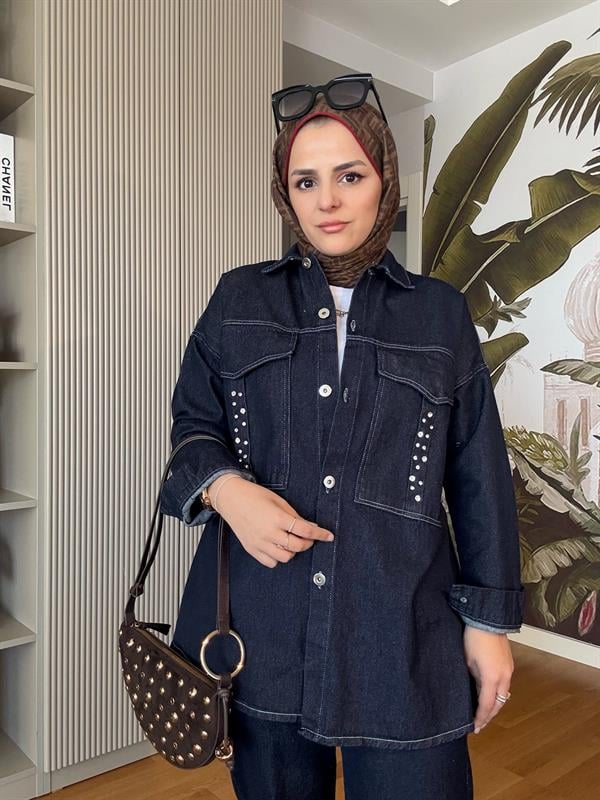 Denim Cepli Taşlı Ceket Takım Koyu Mavi