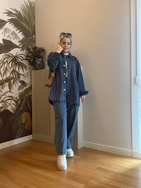 Taş Detaylı  Denim Gömlek İkili Takım Koyu Mavi