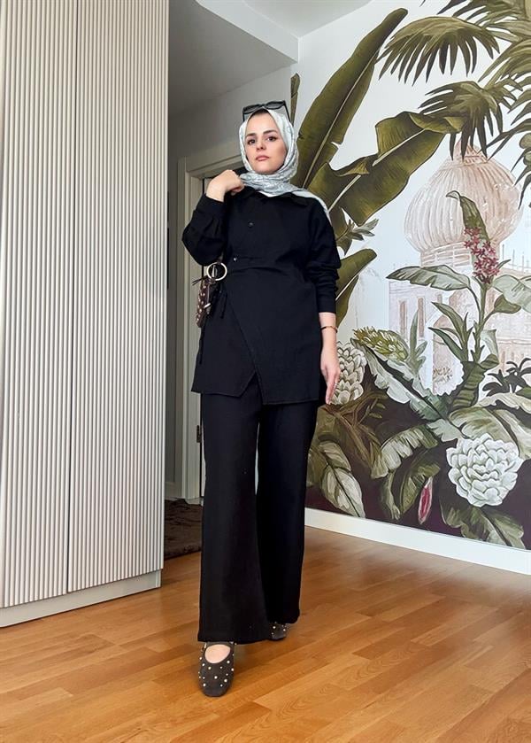 Kimona Müslin Pamuklu Gömlek Takım Siyah