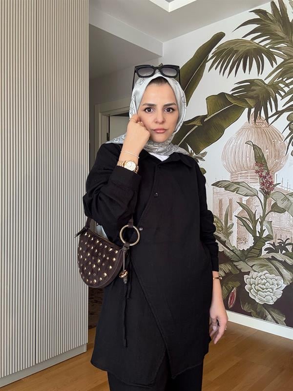 Kimona Müslin Pamuklu Gömlek Takım Siyah