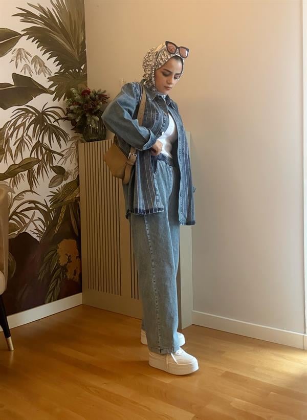 Taş Detaylı  Denim Gömlek İkili Takım Açık Mavi
