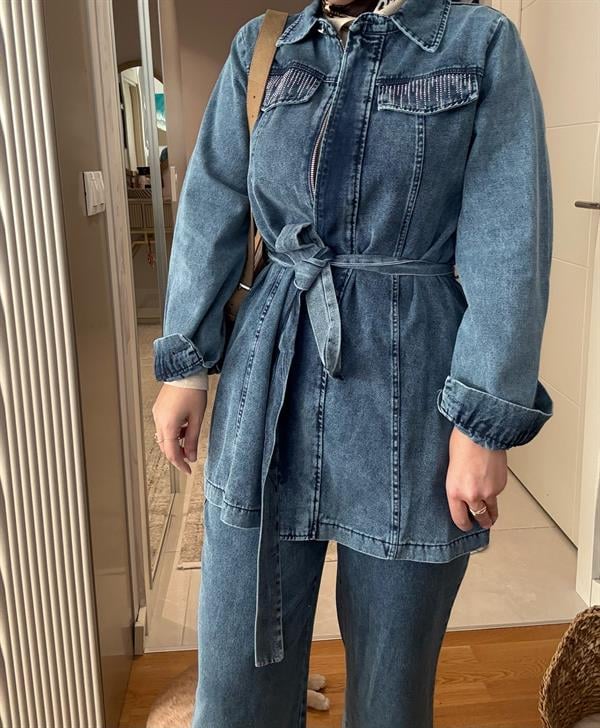 Kemerli Taş Detaylı  Denim Gömlek İkili Takım Koyu Mavi