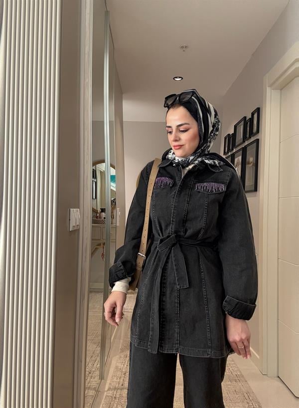 Kemerli Taş Detaylı  Denim Gömlek İkili Takım  Siyah