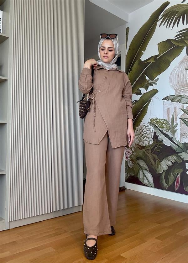 Kimona Müslin Pamuklu Gömlek Takım Kahve