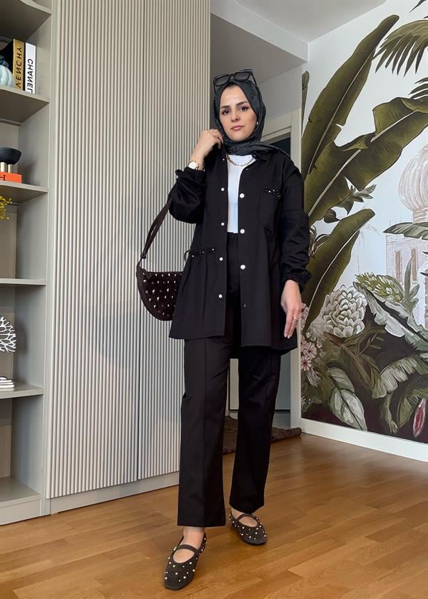 İncili Taşlı Denim Gömlek Ceket Takım Siyah