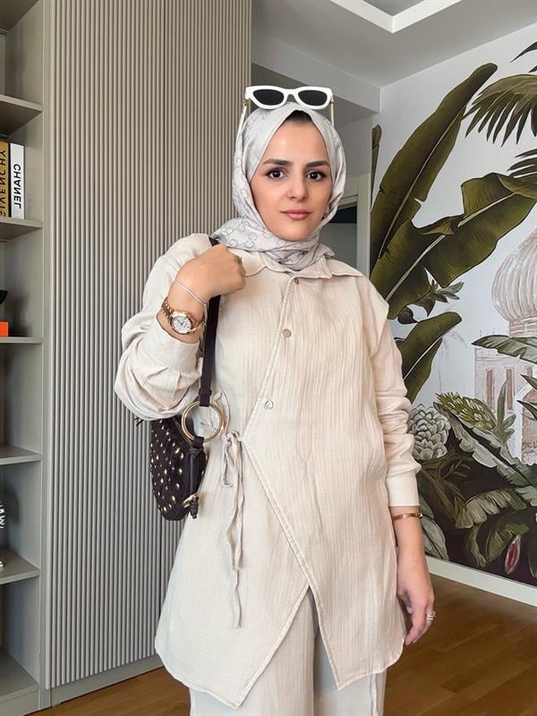Kimona Müslin Pamuklu Gömlek Takım Bej