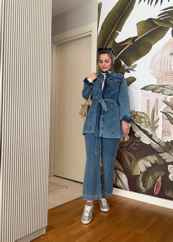 Kemerli Taş Detaylı  Denim Gömlek İkili Takım Koyu Mavi