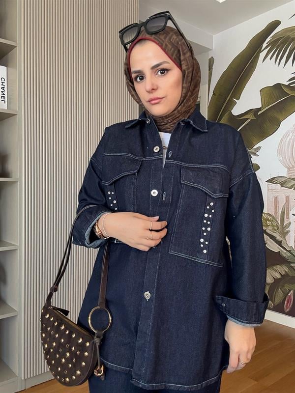 Denim Cepli Taşlı Ceket Takım Koyu Mavi