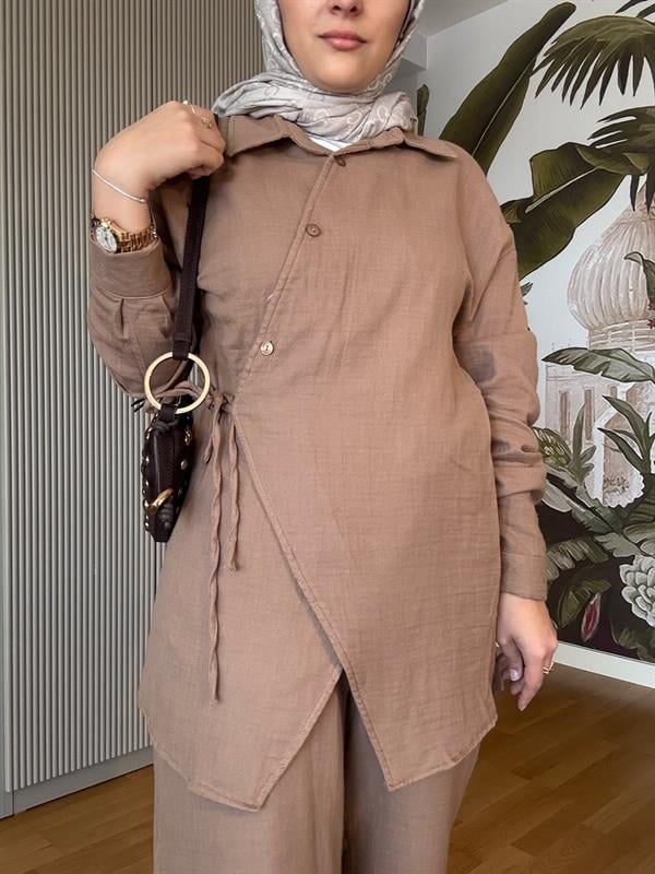 Kimona Müslin Pamuklu Gömlek Takım Kahve