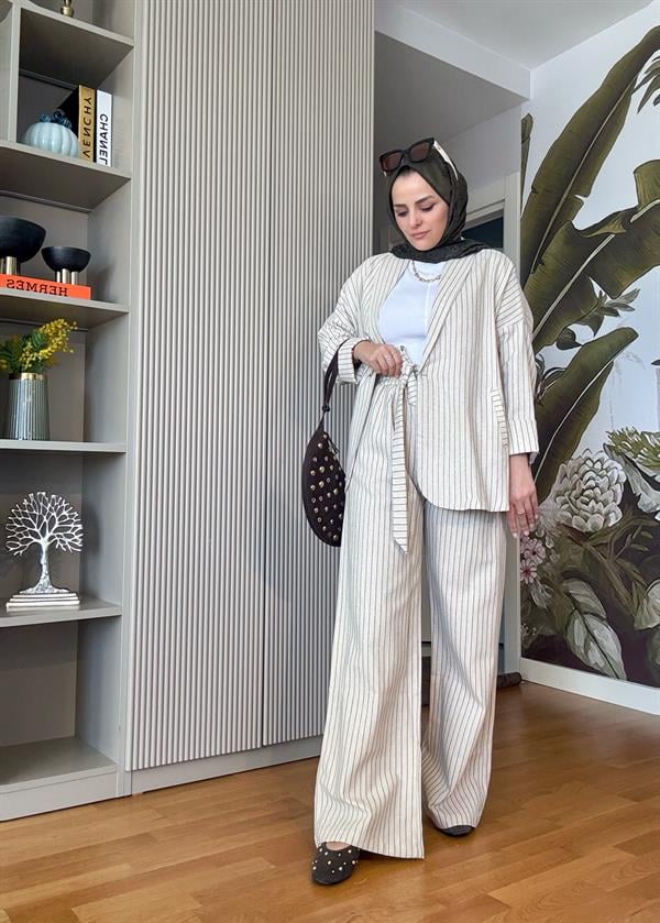 Keten Ceketli Pamuklu Çizgili Takım Tek Düğme Kuşaklı