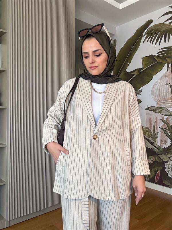 Keten Ceketli Pamuklu Çizgili Takım Tek Düğme Kuşaklı