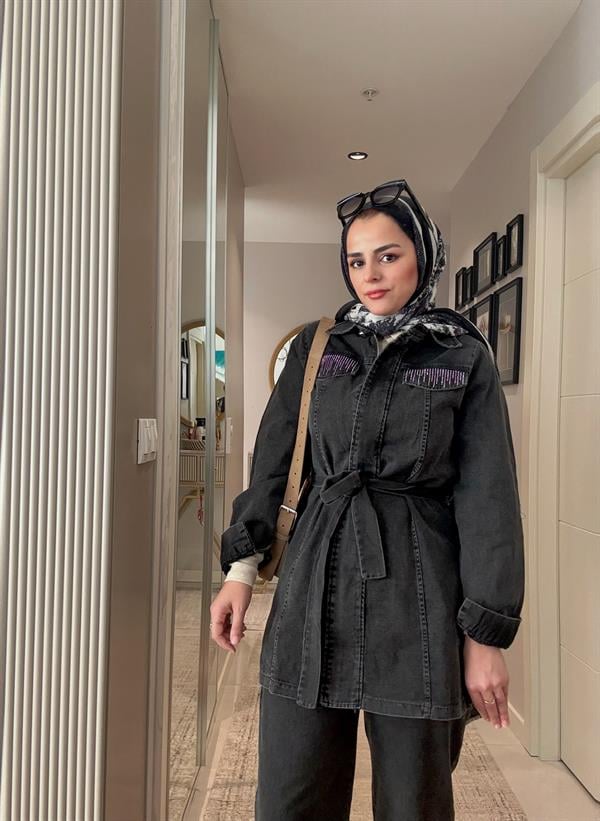 Kemerli Taş Detaylı  Denim Gömlek İkili Takım  Siyah