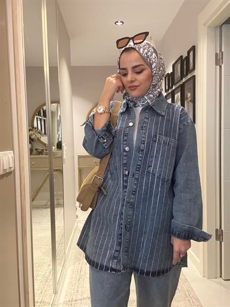Taş Detaylı  Denim Gömlek İkili Takım Açık Mavi