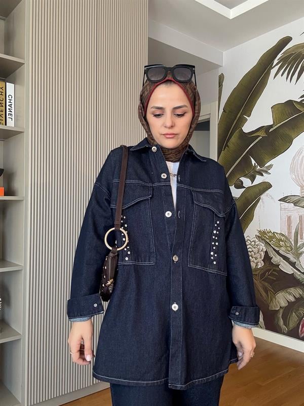 Denim Cepli Taşlı Ceket Takım Koyu Mavi