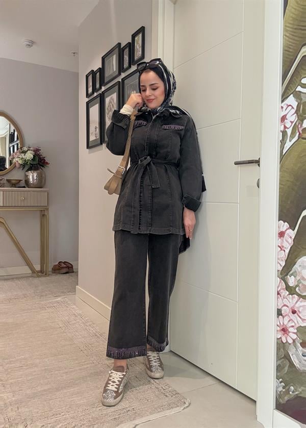 Kemerli Taş Detaylı  Denim Gömlek İkili Takım  Siyah