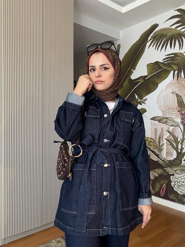 Denim Kuşaklı Ceket Takım Koyu Mavi