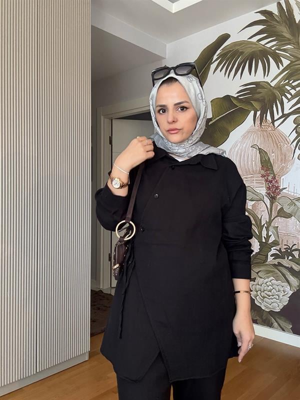 Kimona Müslin Pamuklu Gömlek Takım Siyah
