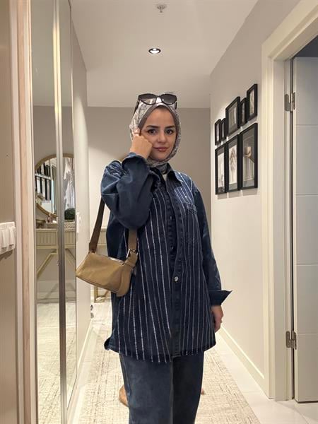 Taş Detaylı  Denim Gömlek İkili Takım Koyu Mavi
