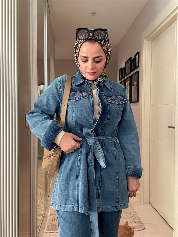 Kemerli Taş Detaylı  Denim Gömlek İkili Takım Koyu Mavi